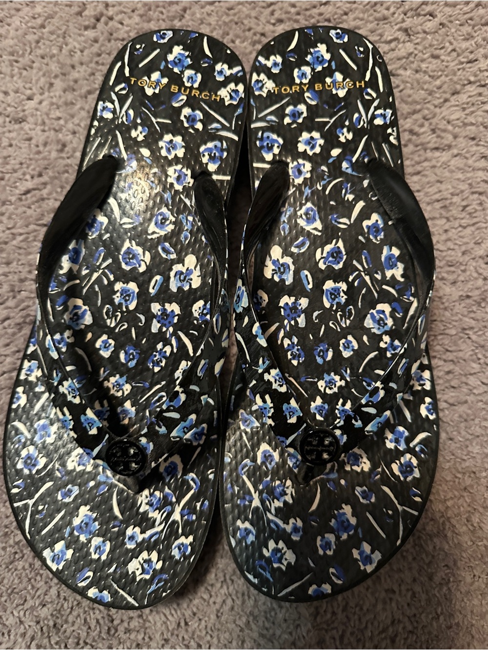 Tory Burch Black Sandals with Blue Floral Print